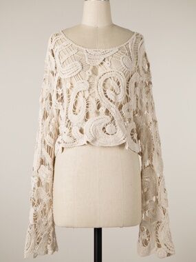 Miracle Cream Coquette Paisley Lace Crochet Semi Sheer Long sleeve Top